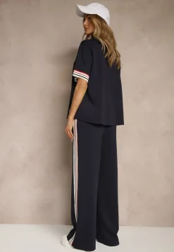 Granatowy Komplet z Wiskozą Bluzka Ozdobiona Paskami i Szerokie Spodnie Nilassea