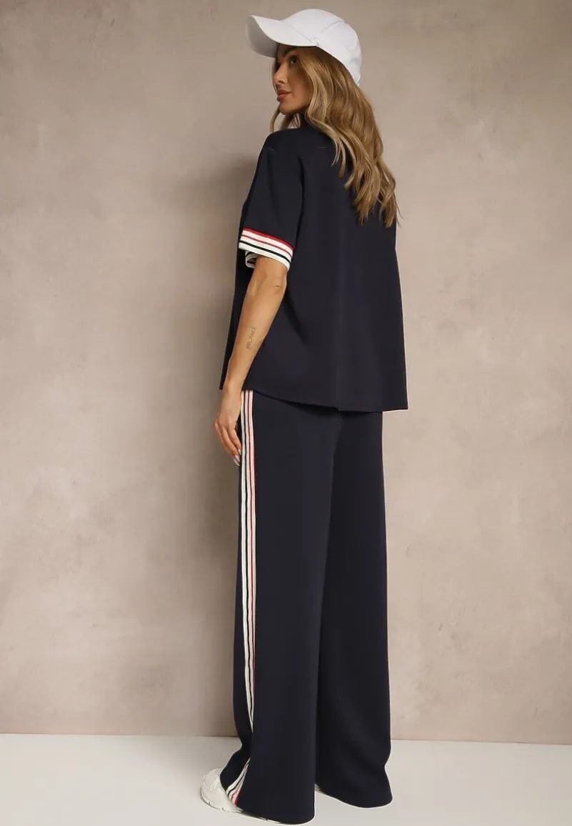 Granatowy Komplet z Wiskozą Bluzka Ozdobiona Paskami i Szerokie Spodnie Nilassea