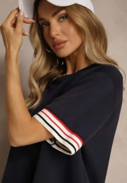 Granatowy Komplet z Wiskozą Bluzka Ozdobiona Paskami i Szerokie Spodnie Nilassea