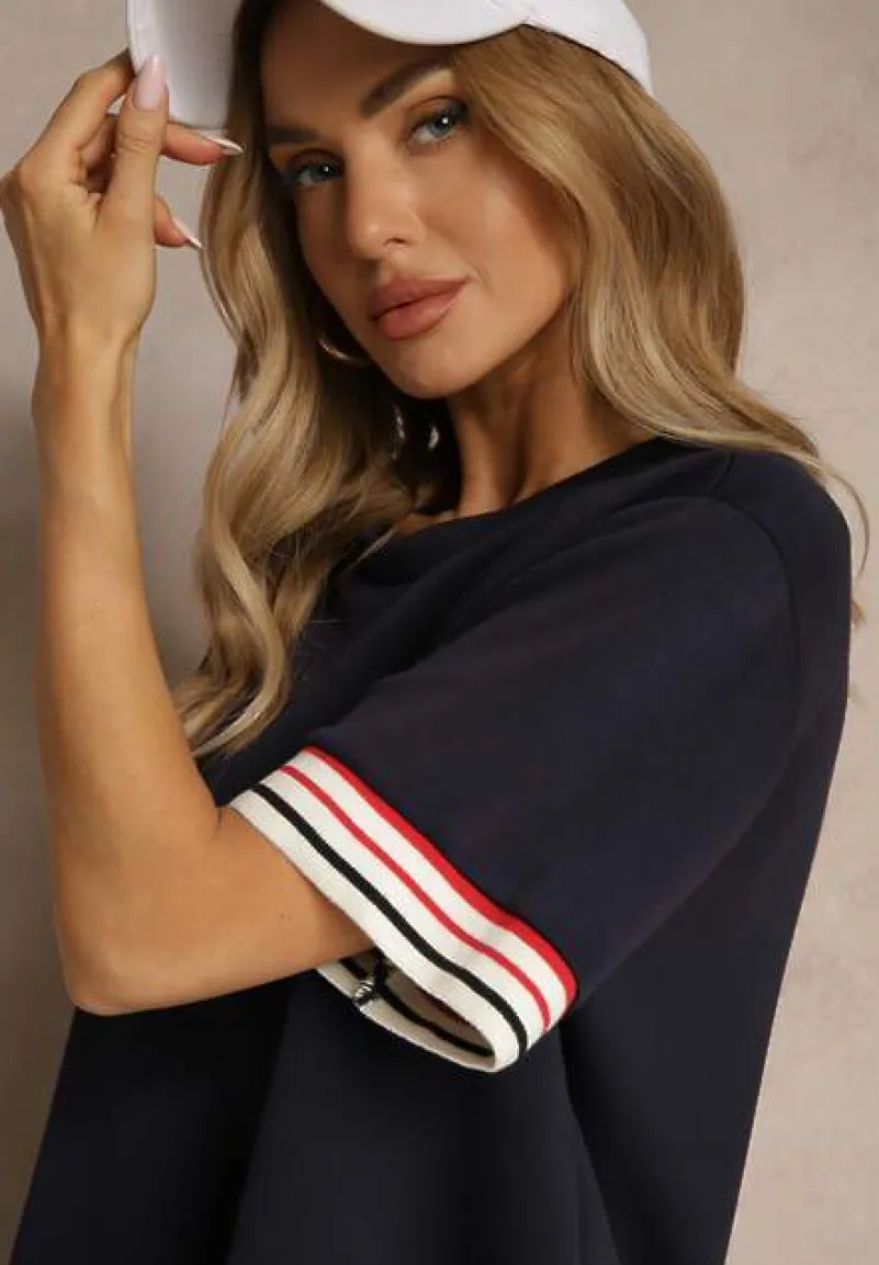 Granatowy Komplet z Wiskozą Bluzka Ozdobiona Paskami i Szerokie Spodnie Nilassea