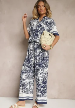 Granatowy Komplet z Wiskozy Koszula i Spodnie z Motywem Roślinnym Ridiene
