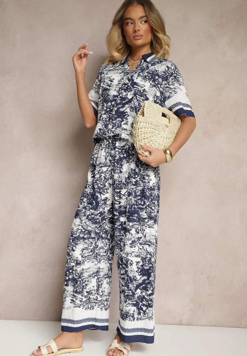 Granatowy Komplet z Wiskozy Koszula i Spodnie z Motywem Roślinnym Ridiene