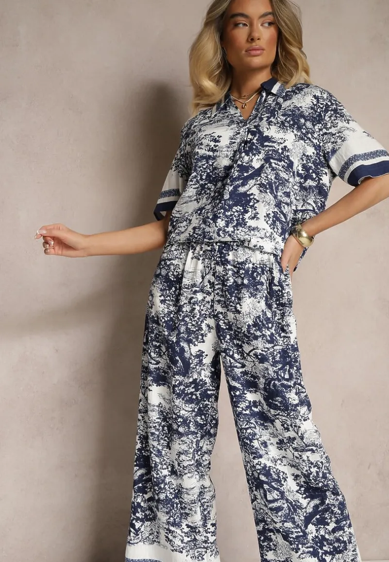 Granatowy Komplet z Wiskozy Koszula i Spodnie z Motywem Roślinnym Ridiene