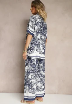 Granatowy Komplet z Wiskozy Koszula i Spodnie z Motywem Roślinnym Ridiene