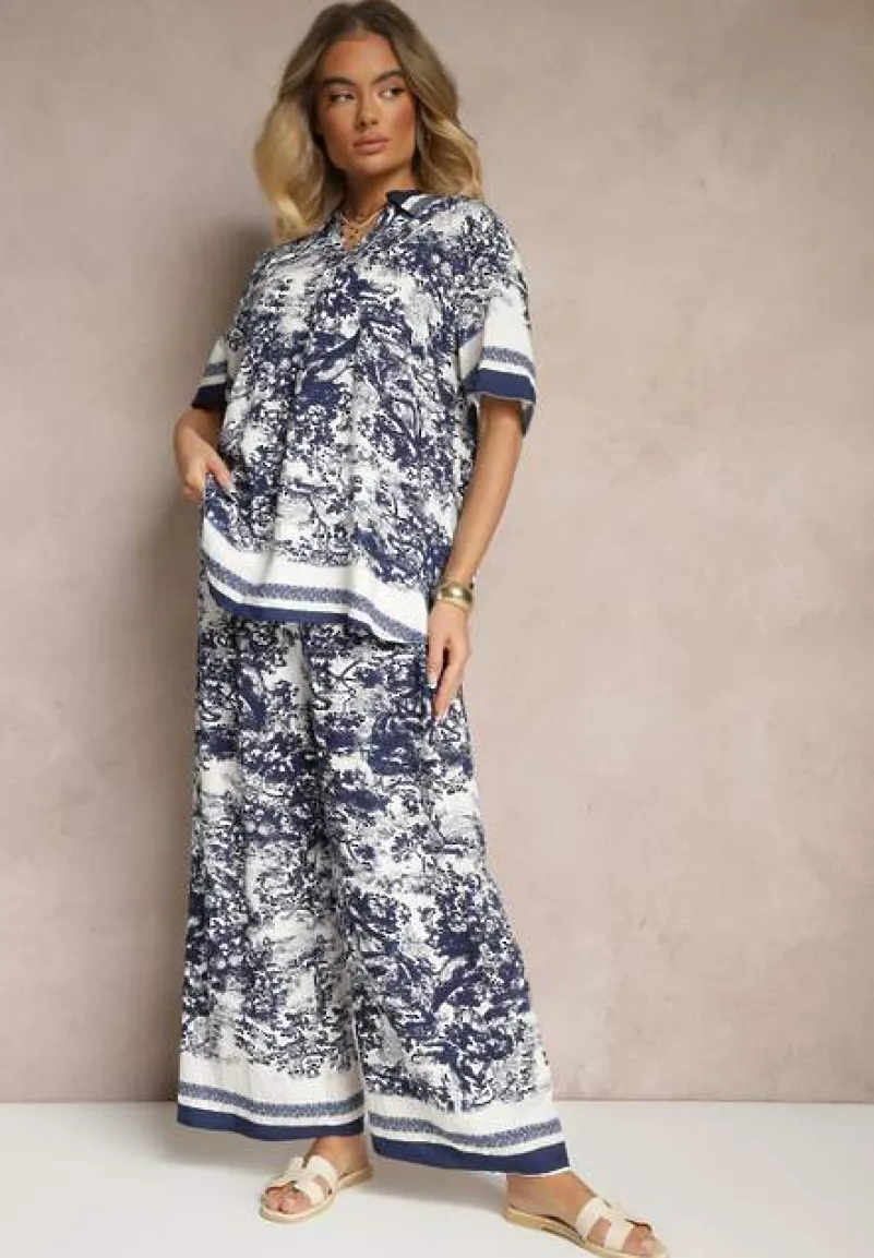 Granatowy Komplet z Wiskozy Koszula i Spodnie z Motywem Roślinnym Ridiene