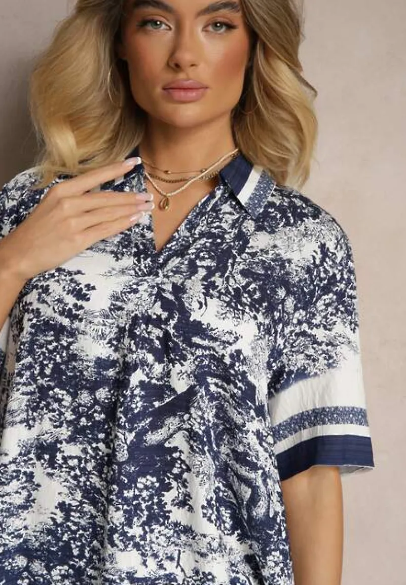 Granatowy Komplet z Wiskozy Koszula i Spodnie z Motywem Roślinnym Ridiene