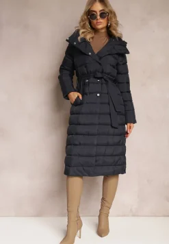 Granatowy Płaszcz Kurtka Pikowana Wiązana Paskiem w Talii z Kapturem Hexana