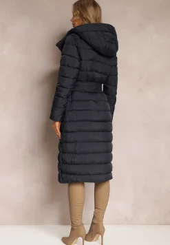 Granatowy Płaszcz Kurtka Pikowana Wiązana Paskiem w Talii z Kapturem Hexana