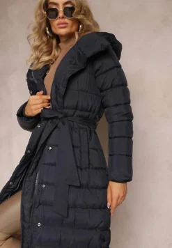 Granatowy Płaszcz Kurtka Pikowana Wiązana Paskiem w Talii z Kapturem Hexana