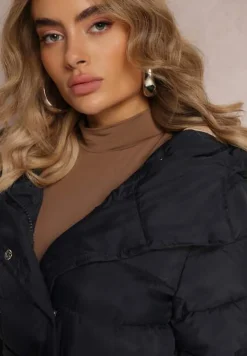 Granatowy Płaszcz Kurtka Pikowana Wiązana Paskiem w Talii z Kapturem Hexana