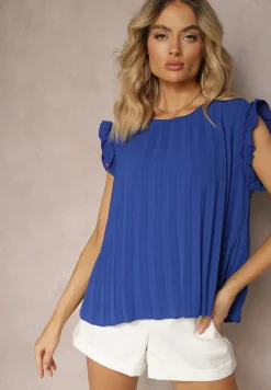 Granatowy Plisowany Top Koszulka z Krótkim Rękawem Meavina