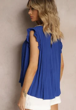 Granatowy Plisowany Top Koszulka z Krótkim Rękawem Meavina