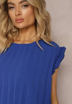 Granatowy Plisowany Top Koszulka z Krótkim Rękawem Meavina