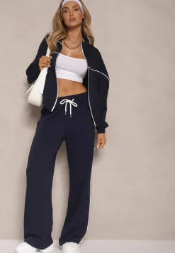 Granatowy Retro Komplet Dresowy z Wiskozą Bluza i Spodnie o Szerokim Kroju Selriza