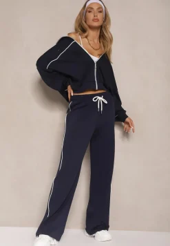 Granatowy Retro Komplet Dresowy z Wiskozą Bluza i Spodnie o Szerokim Kroju Selriza