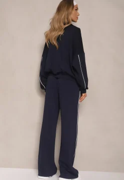 Granatowy Retro Komplet Dresowy z Wiskozą Bluza i Spodnie o Szerokim Kroju Selriza