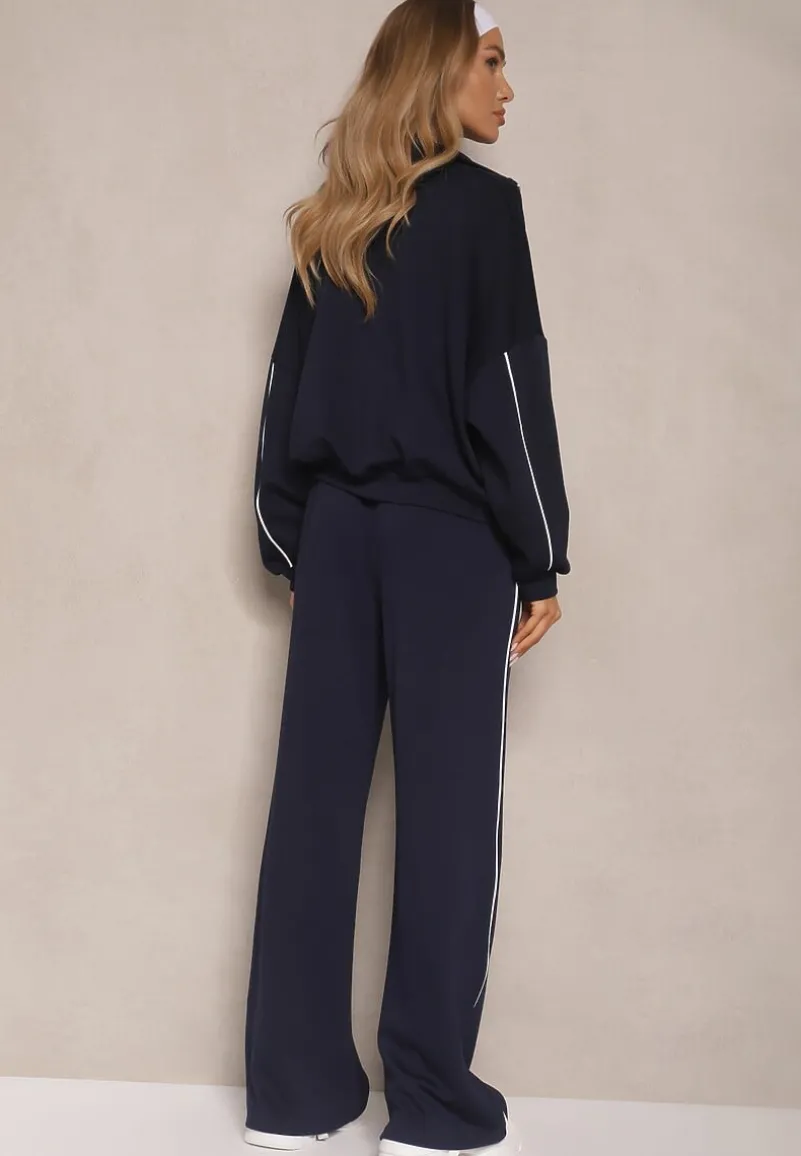 Granatowy Retro Komplet Dresowy z Wiskozą Bluza i Spodnie o Szerokim Kroju Selriza