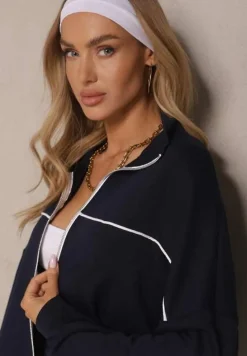 Granatowy Retro Komplet Dresowy z Wiskozą Bluza i Spodnie o Szerokim Kroju Selriza