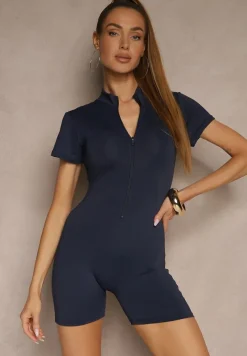 Granatowy Rozpinany Dopasowany Kombinezon w Sportowym Stylu Sarovelle