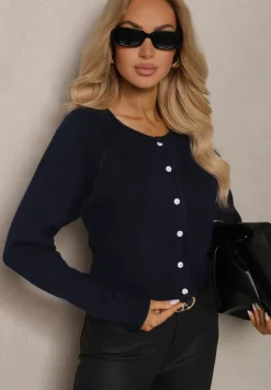 Granatowy Rozpinany Kardigan z Wełną Evelinae