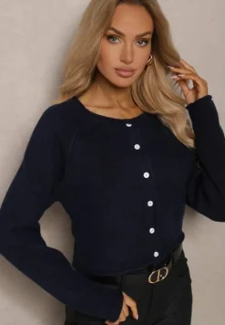 Granatowy Rozpinany Kardigan z Wełną Evelinae
