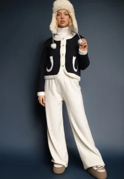 Granatowy Rozpinany Klasyczny Kardigan z Wełną Senneva