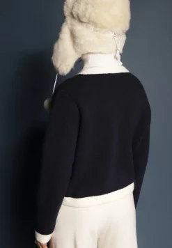 Granatowy Rozpinany Klasyczny Kardigan z Wełną Senneva