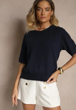 Granatowy Sweter z Wełną Krótkim Rękawem Ozdobiony Ściągaczami Emiralin