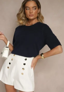 Granatowy Sweter z Wełną Krótkim Rękawem Ozdobiony Ściągaczami Emiralin