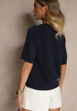 Granatowy Sweter z Wełną Krótkim Rękawem Ozdobiony Ściągaczami Emiralin