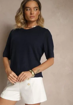 Granatowy Sweter z Wełną Krótkim Rękawem Ozdobiony Ściągaczami Emiralin