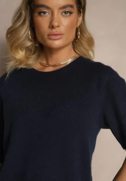 Granatowy Sweter z Wełną Krótkim Rękawem Ozdobiony Ściągaczami Emiralin