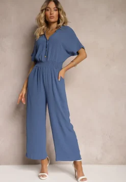 Granatowy Taliowany Kombinezon z Wiskozy Zapinany na Guziki Frisea