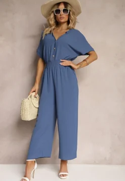 Granatowy Taliowany Kombinezon z Wiskozy Zapinany na Guziki Frisea