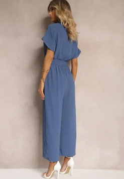 Granatowy Taliowany Kombinezon z Wiskozy Zapinany na Guziki Frisea