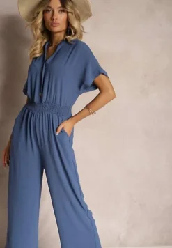 Granatowy Taliowany Kombinezon z Wiskozy Zapinany na Guziki Frisea