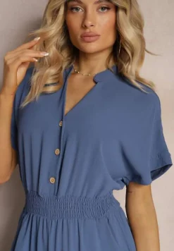 Granatowy Taliowany Kombinezon z Wiskozy Zapinany na Guziki Frisea