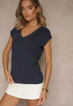 Granatowy T-shirt z Bawełny Ozdobiony Koronką Ralienne