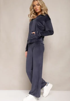 Granatowy Welurowy Komplet Dresowy z Bluzą i Szerokimi Spodniami Anelivs