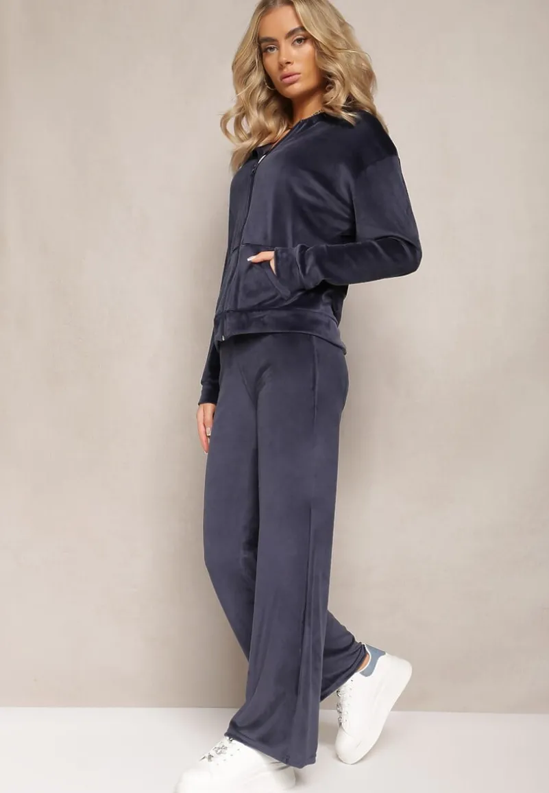 Granatowy Welurowy Komplet Dresowy z Bluzą i Szerokimi Spodniami Anelivs