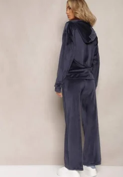 Granatowy Welurowy Komplet Dresowy z Bluzą i Szerokimi Spodniami Anelivs