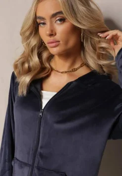 Granatowy Welurowy Komplet Dresowy z Bluzą i Szerokimi Spodniami Anelivs