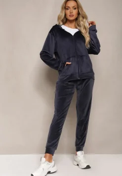 Granatowy Welurowy Komplet Dresowy 2-Częściowy z Bluzą z Kapturem i Spodniami Fiksena