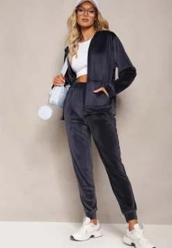 Granatowy Welurowy Komplet Dresowy 2-Częściowy z Bluzą z Kapturem i Spodniami Fiksena