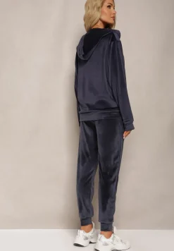 Granatowy Welurowy Komplet Dresowy 2-Częściowy z Bluzą z Kapturem i Spodniami Fiksena