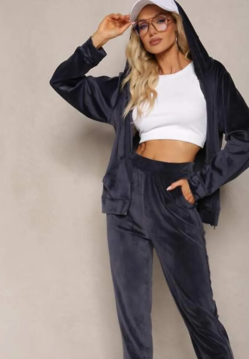 Granatowy Welurowy Komplet Dresowy 2-Częściowy z Bluzą z Kapturem i Spodniami Fiksena