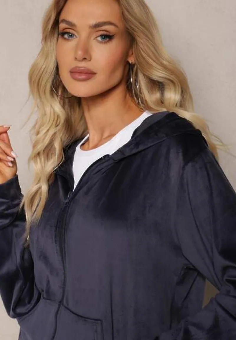 Granatowy Welurowy Komplet Dresowy 2-Częściowy z Bluzą z Kapturem i Spodniami Fiksena