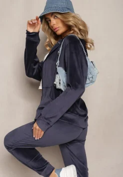 Granatowy Welurowy Komplet Dresowy Bluza z Kapturem i Proste Spodnie Arislo