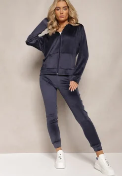 Granatowy Welurowy Komplet Dresowy Bluza z Kapturem i Proste Spodnie Arislo