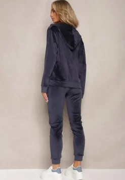 Granatowy Welurowy Komplet Dresowy Bluza z Kapturem i Proste Spodnie Arislo